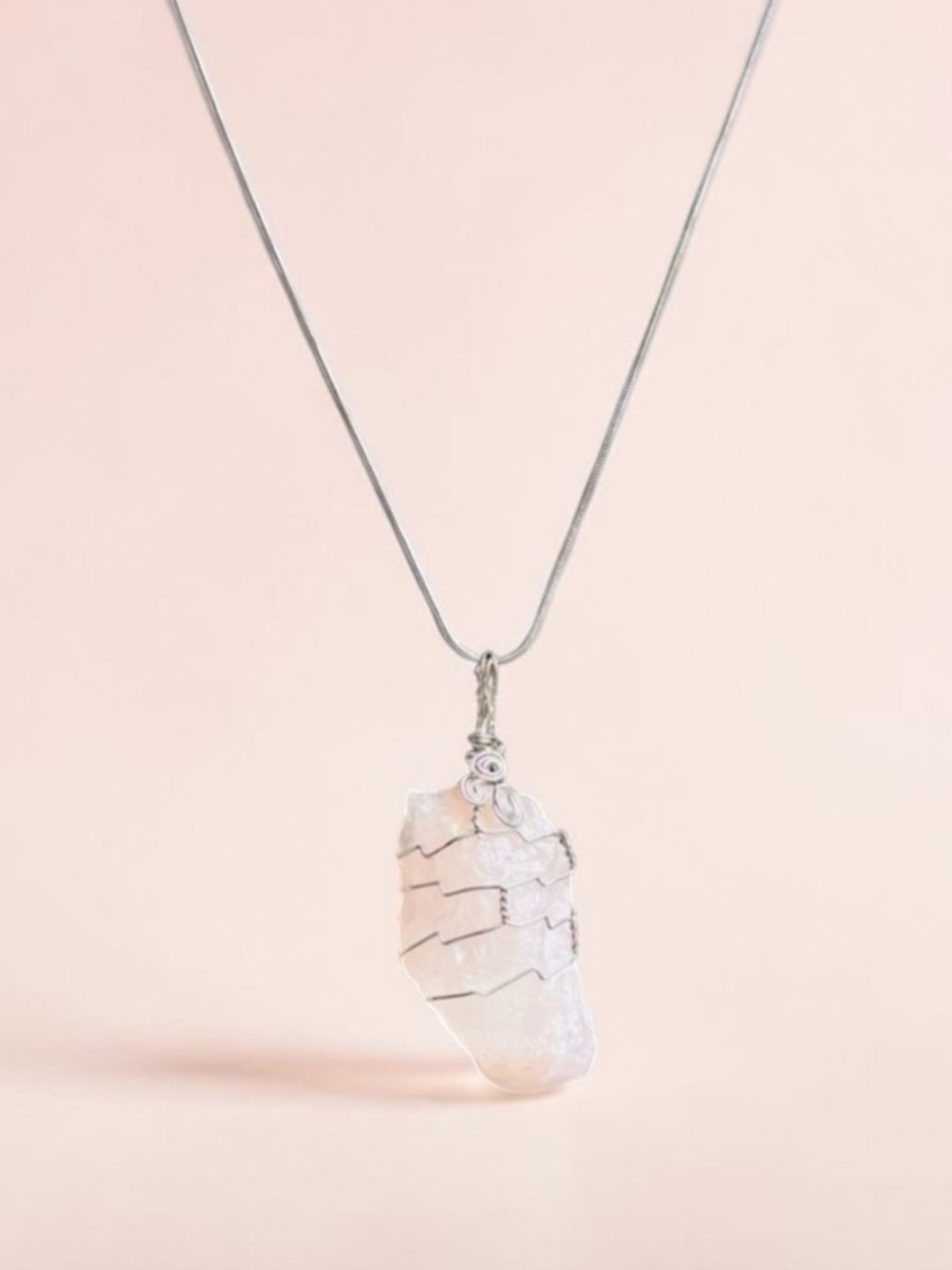 Rose Quartz silver‎ wrapped raw crystal love Pendant Necklace on snake chain